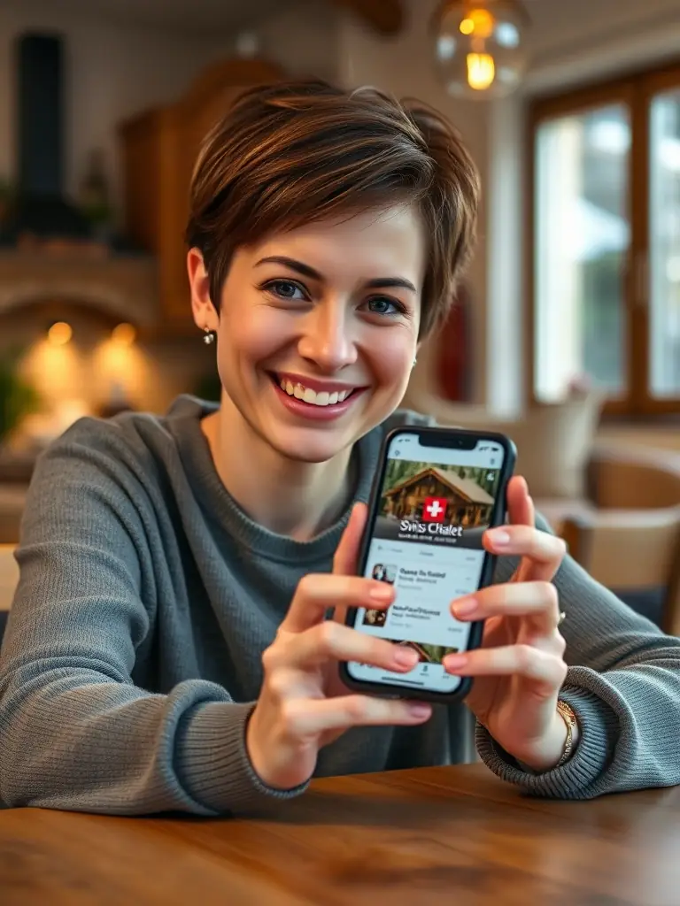 A customer happily using the Swiss Chalet mobile app to place an order, illustrating the ease and convenience of online ordering.