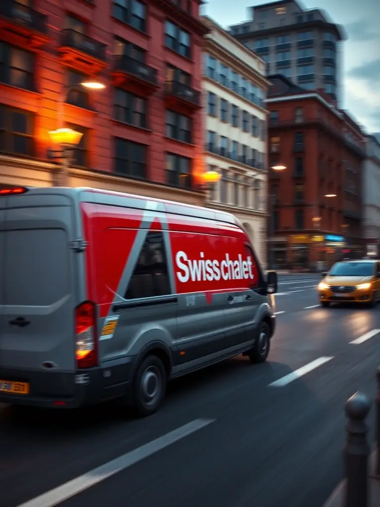 An image showcasing a Swiss Chalet delivery vehicle navigating through city streets, highlighting the reliability of their delivery service.