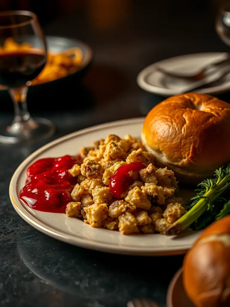A vibrant image of a Swiss Chalet Festive Special, complete with stuffing, cranberry sauce, and a dinner roll.