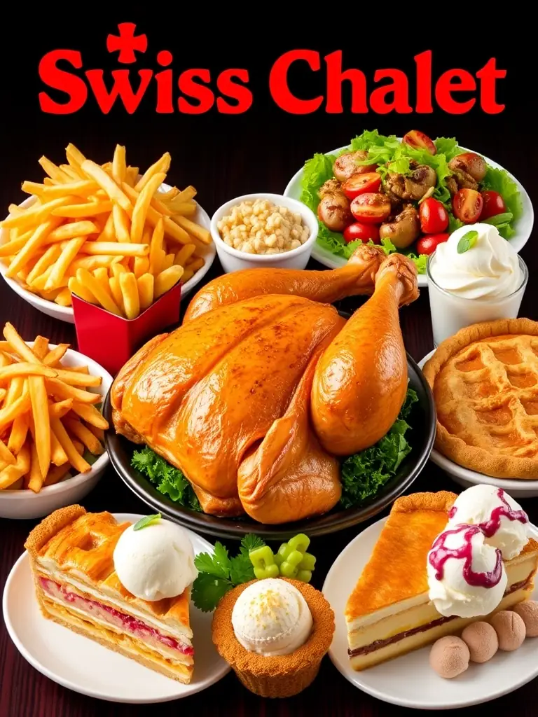 A vibrant collage of various Swiss Chalet menu items, including rotisserie chicken, sides, and desserts, showcasing the wide variety available for delivery.