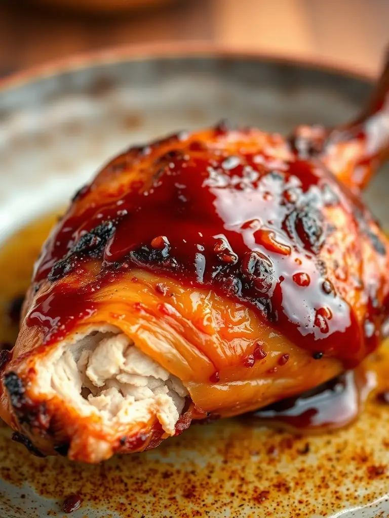 A close-up shot of a quarter chicken dinner with chalet sauce, showcasing the juicy chicken and golden-brown skin.